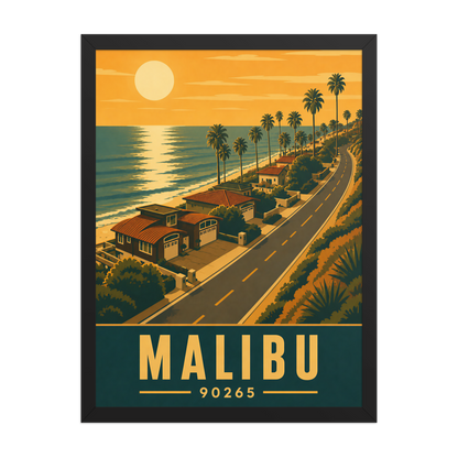 Framed Malibu palm-lined sunset coastal road poster with 90265 zip code
