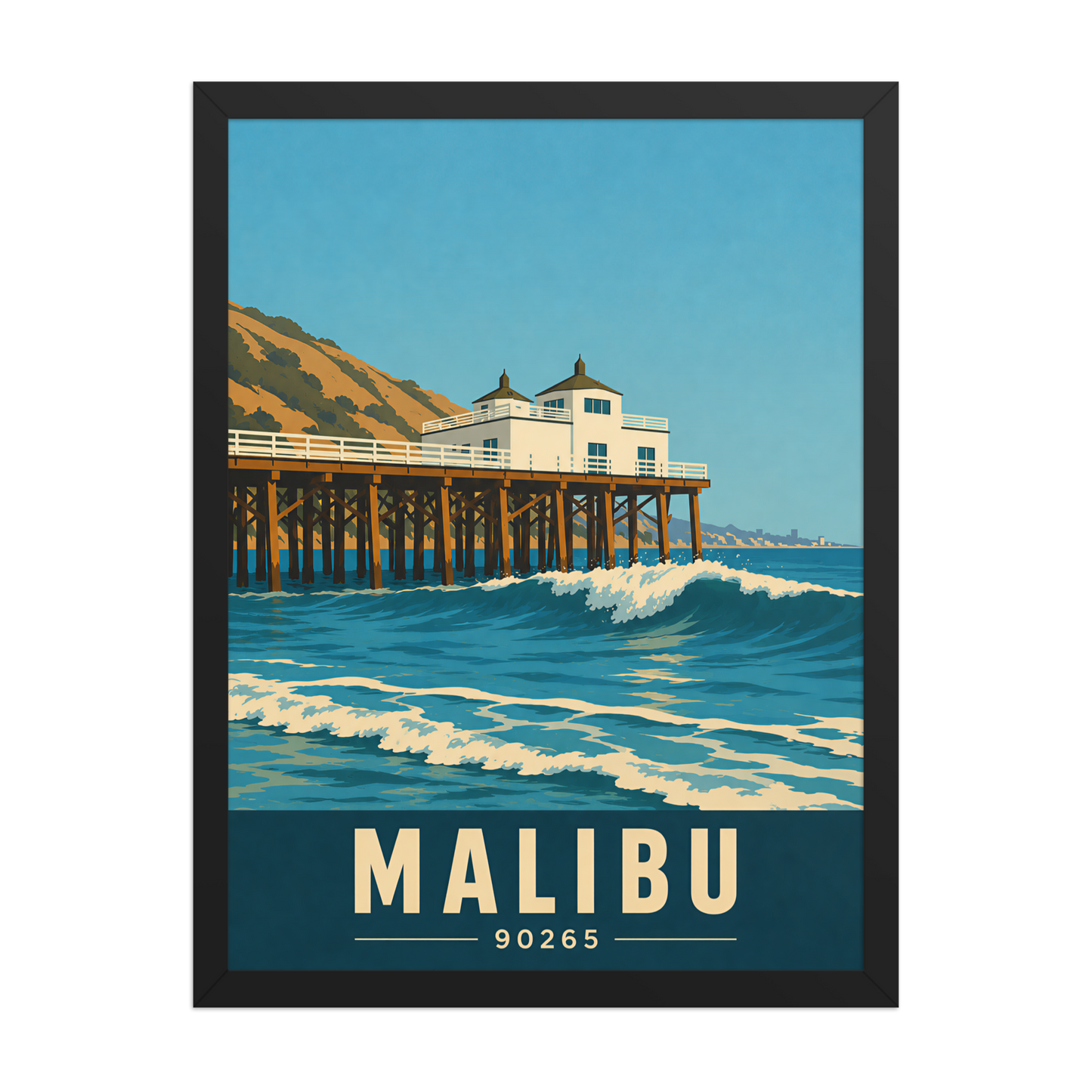 Framed Malibu oceanfront pier and waves poster with 90265 zip code