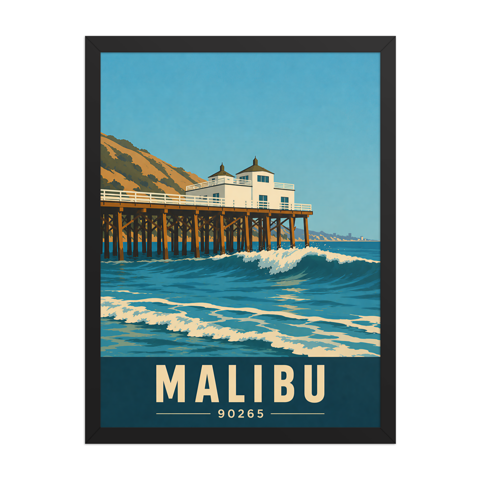 Framed Malibu oceanfront pier and waves poster with 90265 zip code