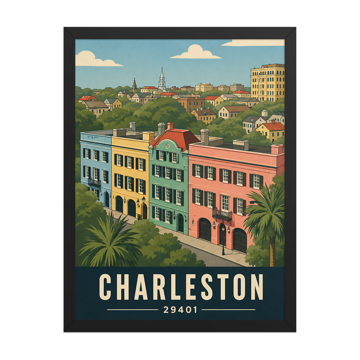 Framed Rainbow Row Charleston historic homes poster with 29401 zip code