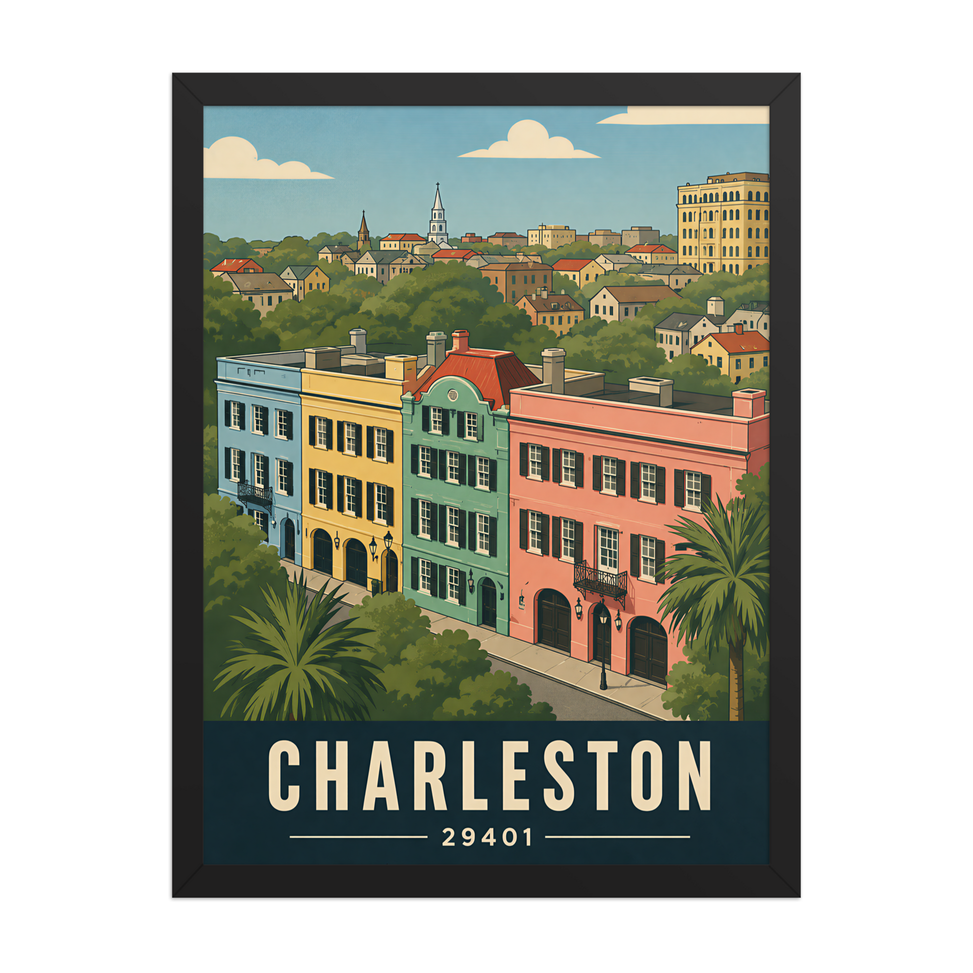 Framed Rainbow Row Charleston historic homes poster with 29401 zip code