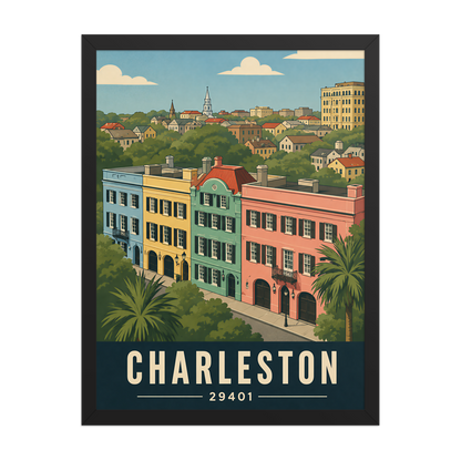 Framed Rainbow Row Charleston historic homes poster with 29401 zip code