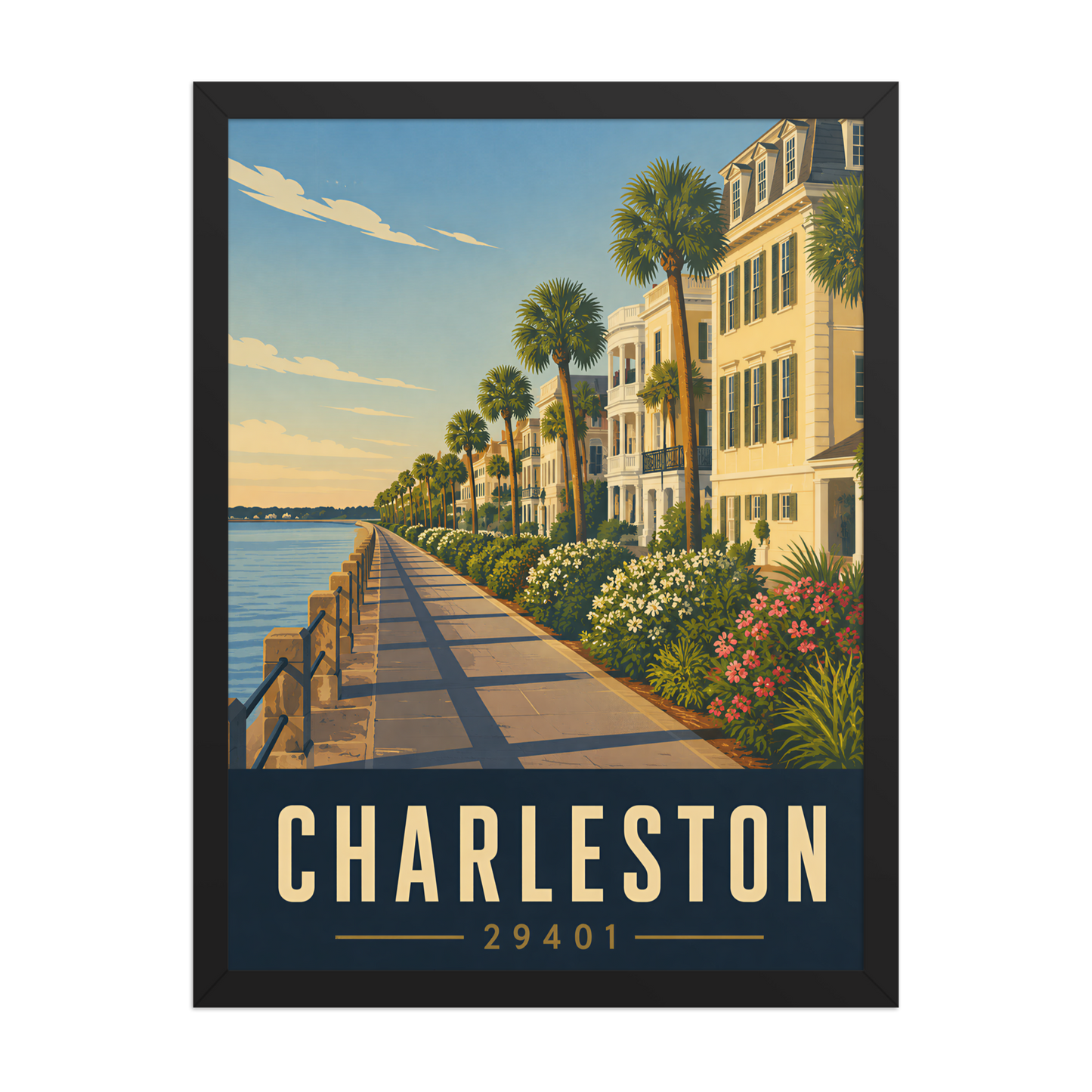 Framed Charleston The Battery waterfront poster with 29401 zip code
