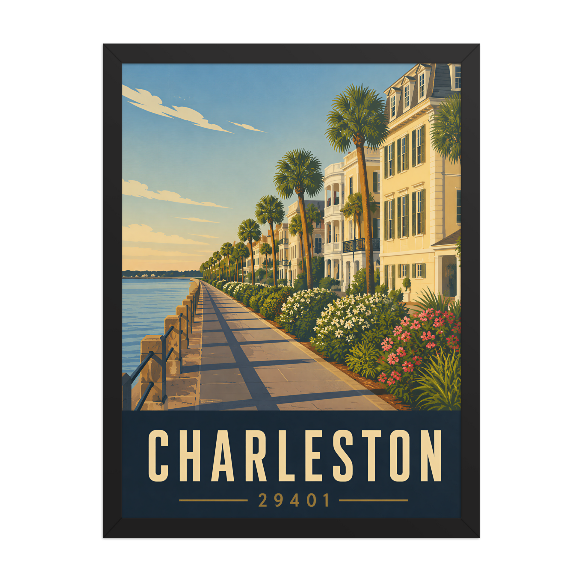 Framed Charleston The Battery waterfront poster with 29401 zip code