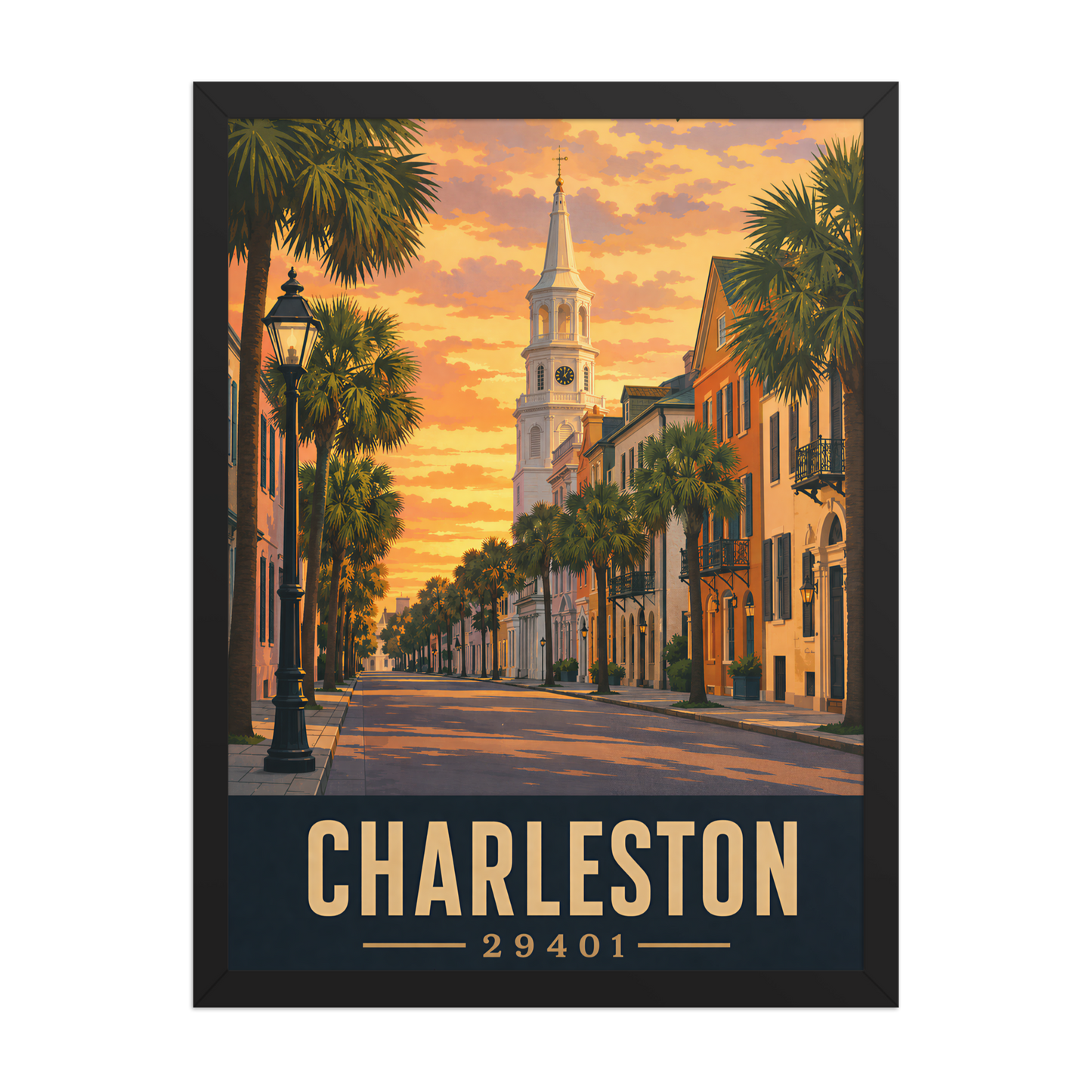 Framed Charleston church steeple sunset poster with 29401 zip code