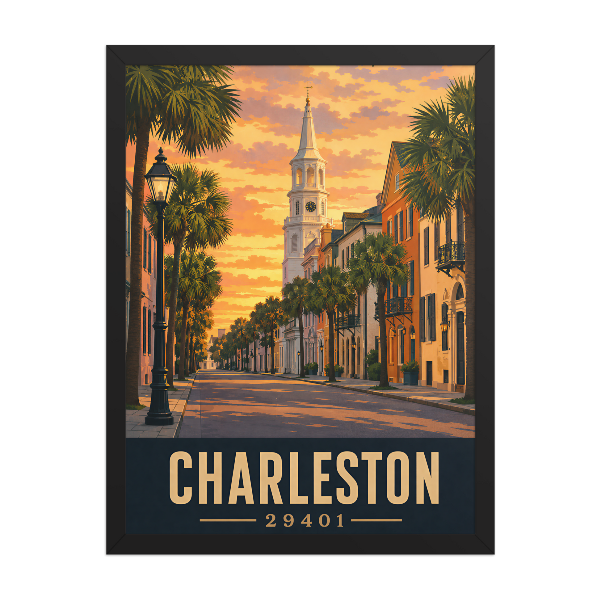 Framed Charleston church steeple sunset poster with 29401 zip code