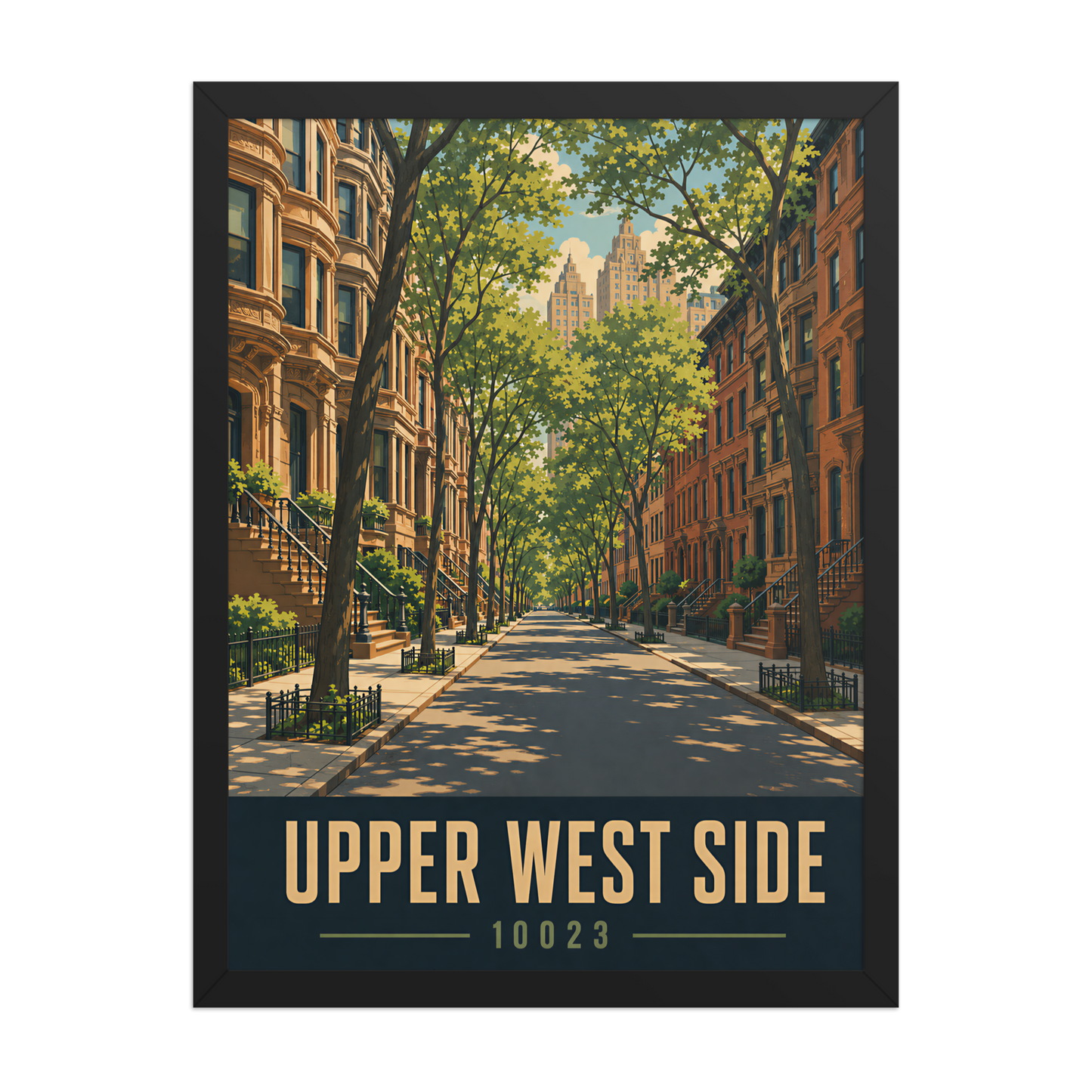 Framed Upper West Side brownstone street poster with 10023 zip code
