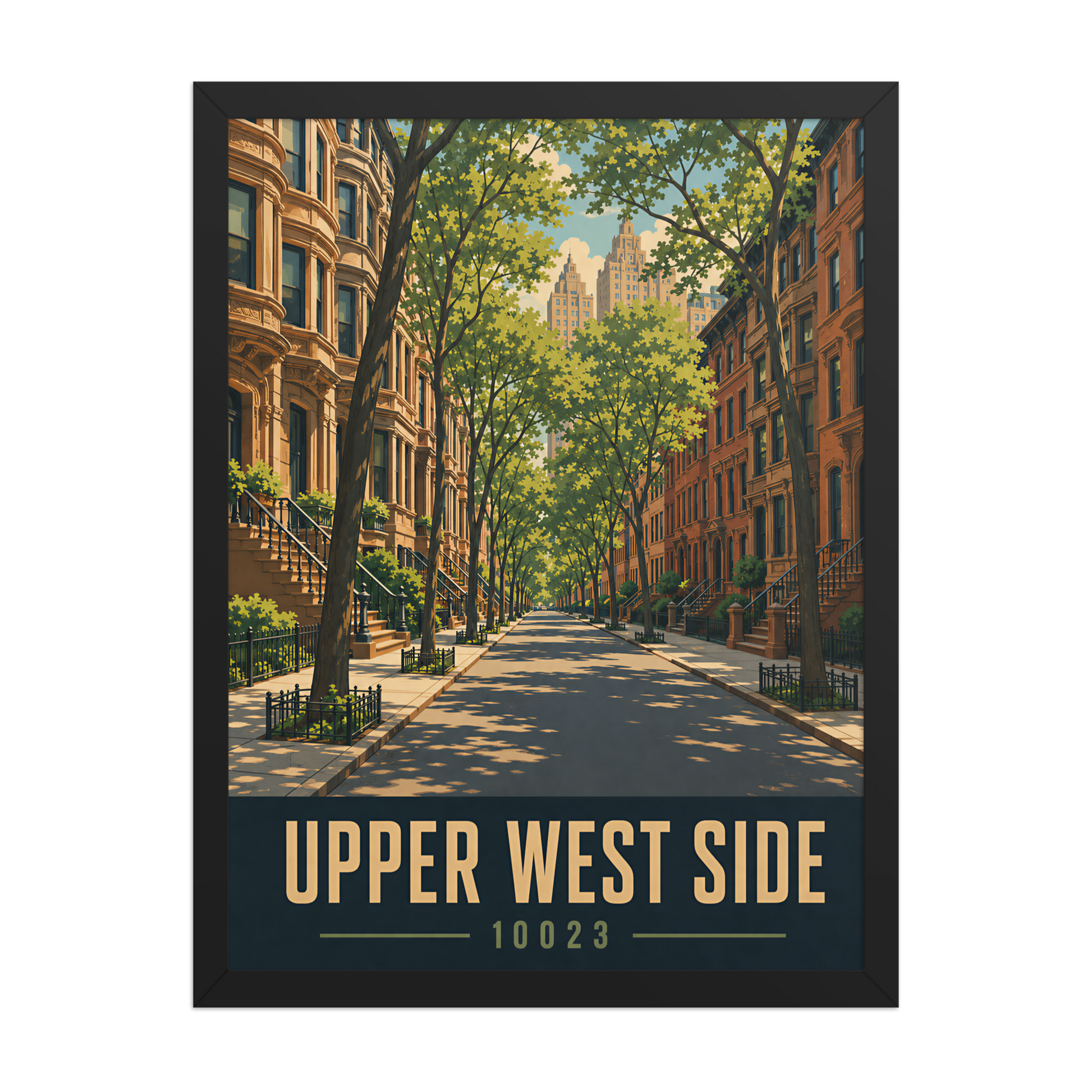 Framed Upper West Side brownstone street poster with 10023 zip code