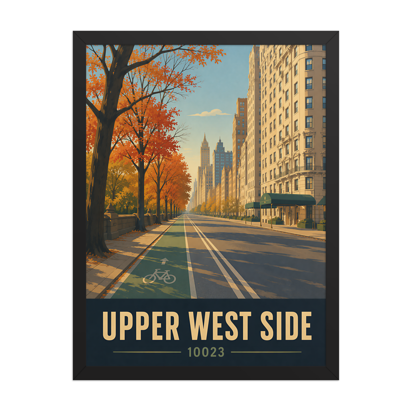 Framed Central Park West autumn poster with 10023 zip code