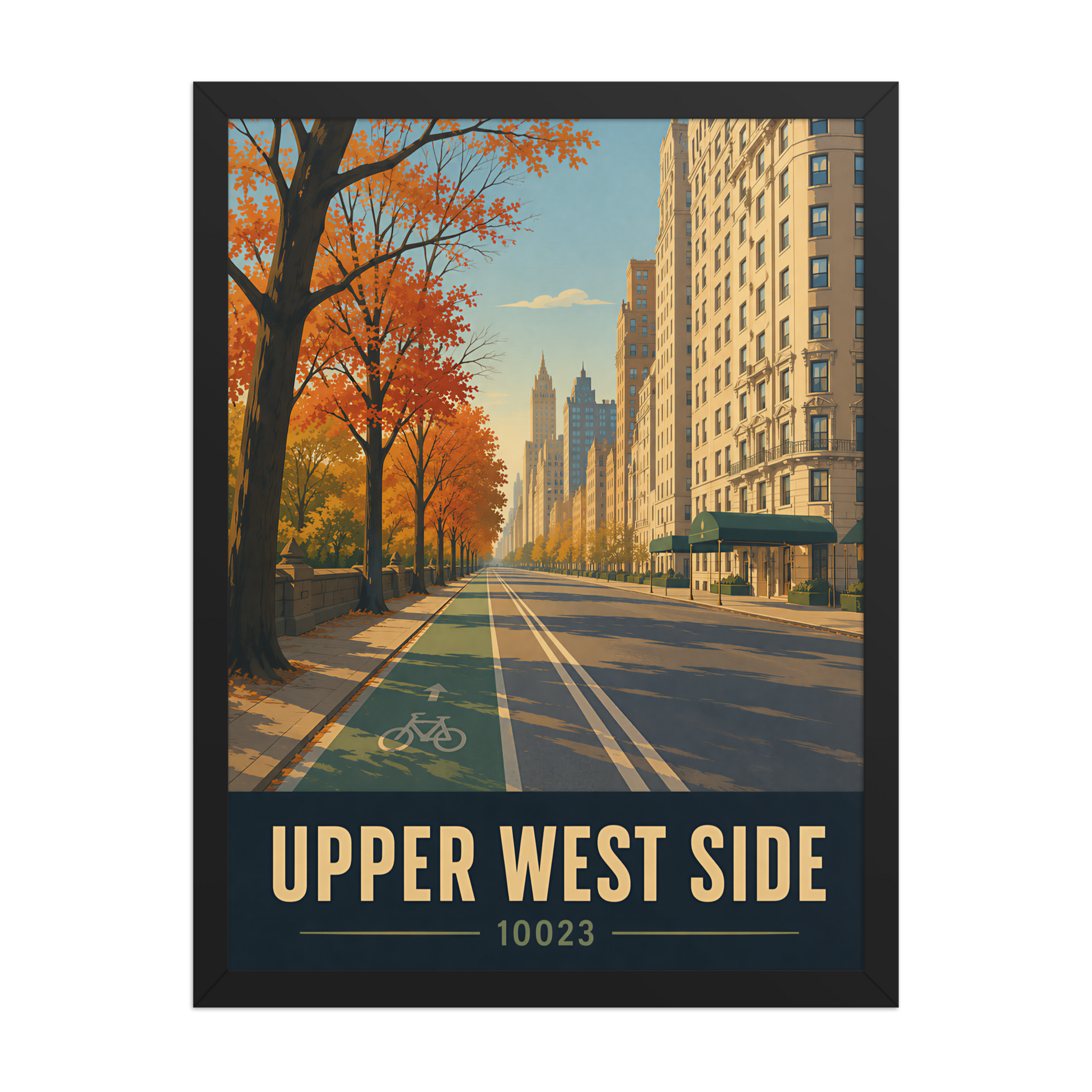 Framed Central Park West autumn poster with 10023 zip code