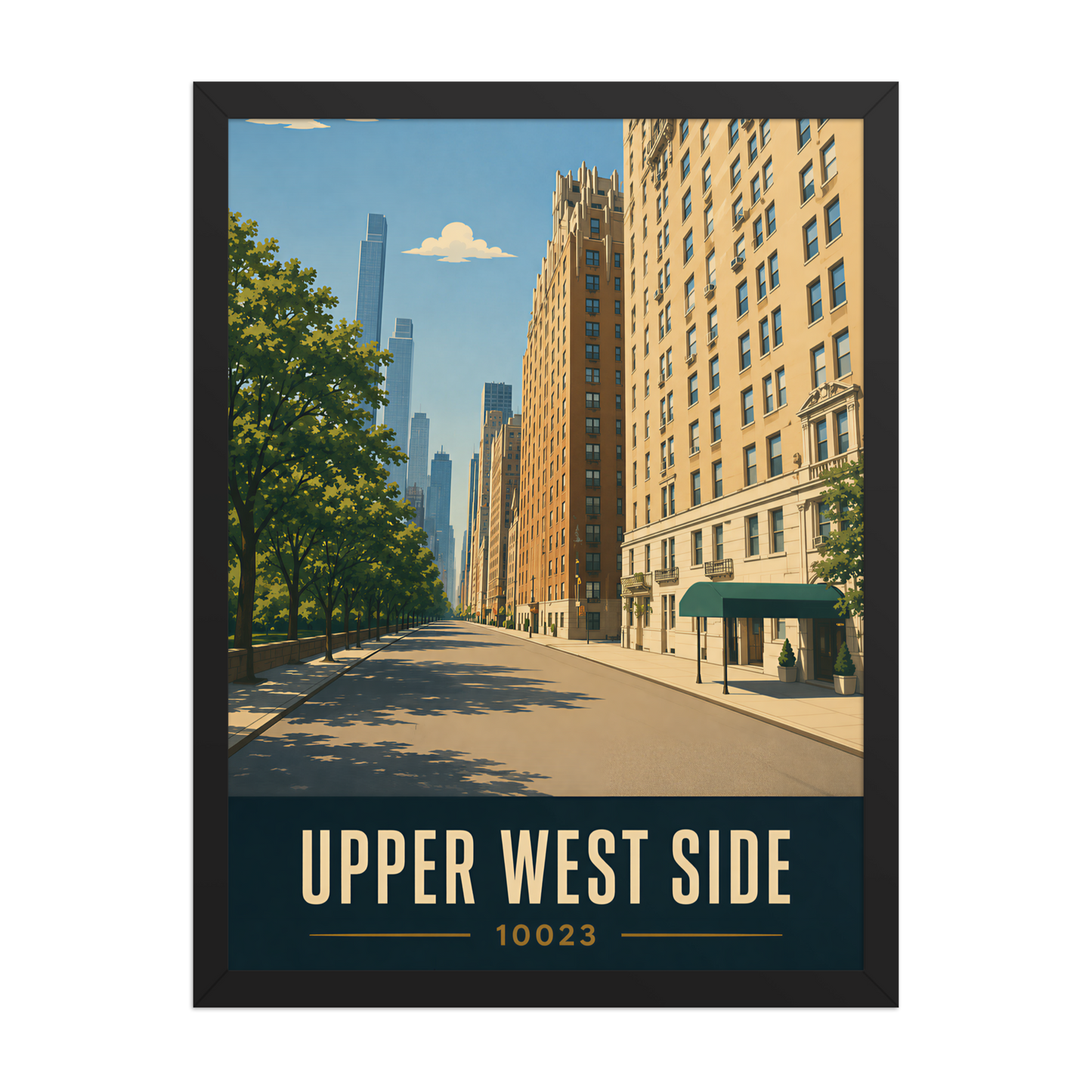 Framed Upper West Side Manhattan skyline street poster with 10023 zip code