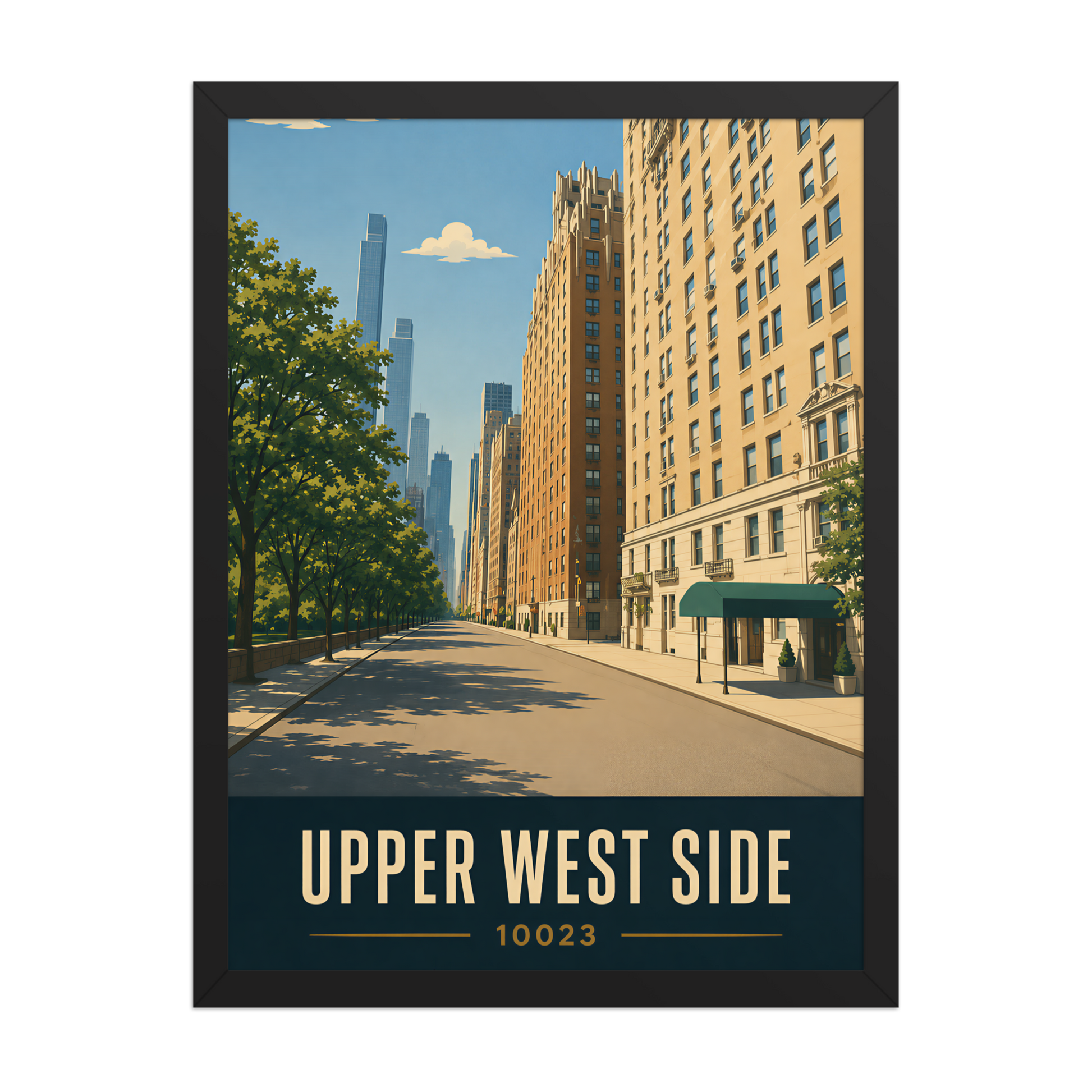 Framed Upper West Side Manhattan skyline street poster with 10023 zip code