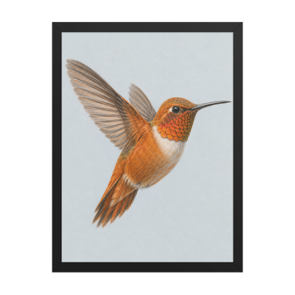 Framed Rufous hummingbird colored pencil illustration print on dusty blue pastel background, wood frame wall art