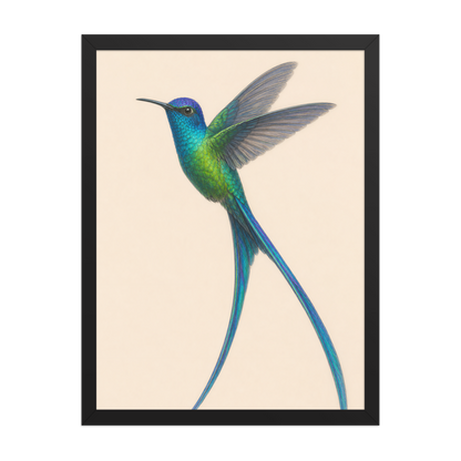 Framed Long-tailed Sylph hummingbird colored pencil illustration print, teal iridescent plumage on warm cream background, wood frame wall art