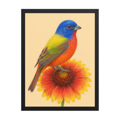 Framed Painted Bunting colored pencil illustration on Indian Blanket flower, wood frame wall art