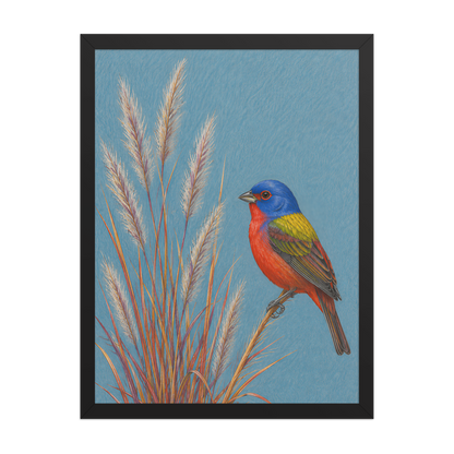 Framed Painted Bunting colored pencil illustration in prairie grass, dusty blue background, wood frame wall art