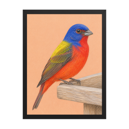 Framed Painted Bunting colored pencil illustration on wooden feeder, apricot background, wood frame wall art