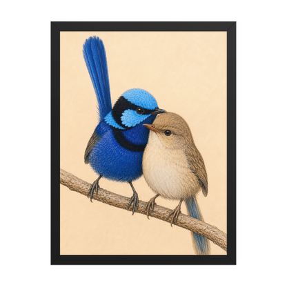 Framed male and female Splendid Fairywren blue wren pair colored pencil illustration, wood frame wall art