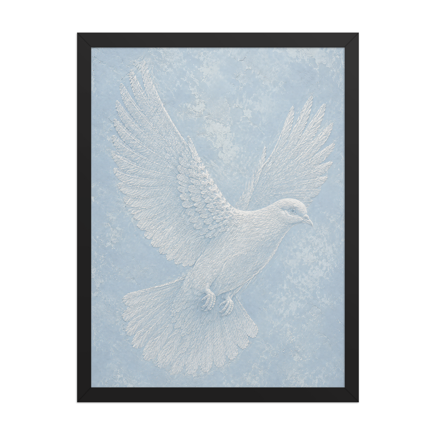 Framed peace dove print with embossed relief-look design on dusty blue textured background