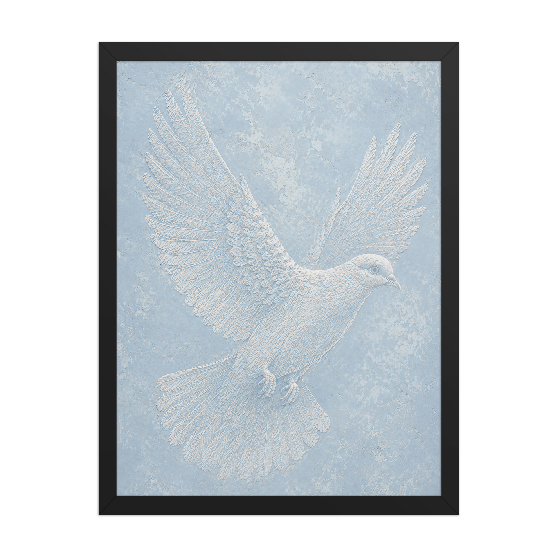 Framed peace dove print with embossed relief-look design on dusty blue textured background