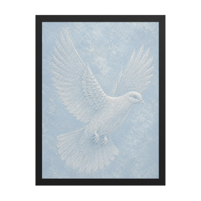Framed peace dove print with embossed relief-look design on dusty blue textured background