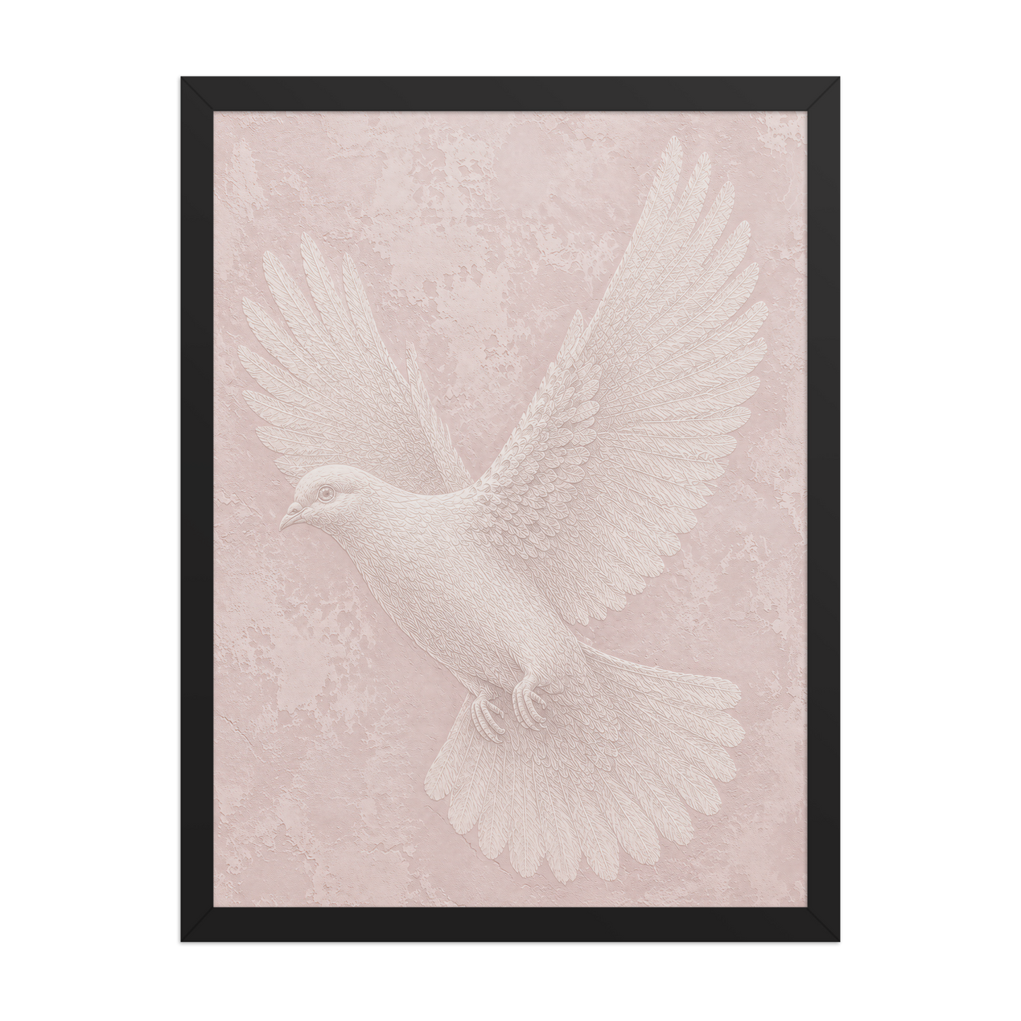 Framed peace dove print with embossed relief-look design on blush pink textured background
