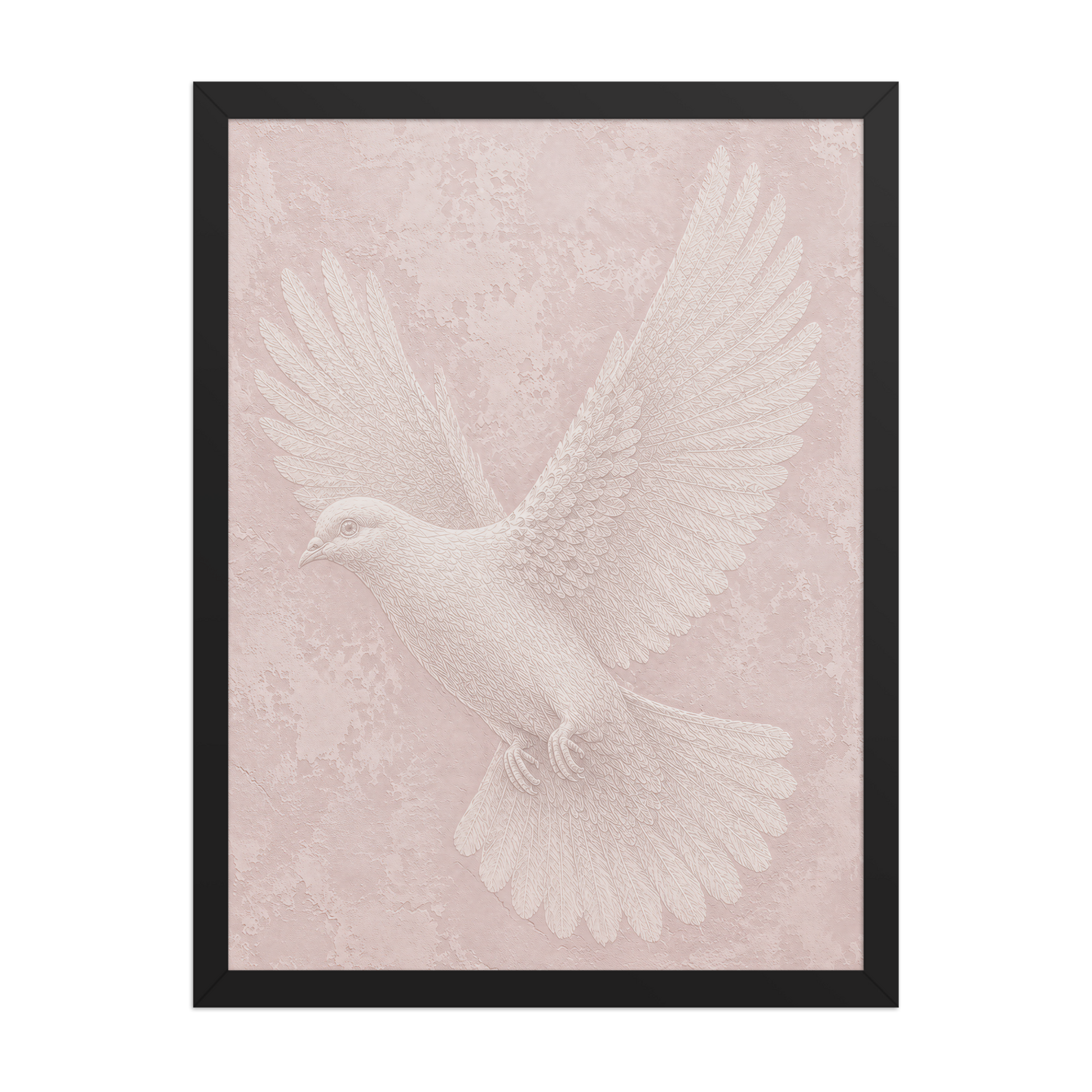 Framed peace dove print with embossed relief-look design on blush pink textured background