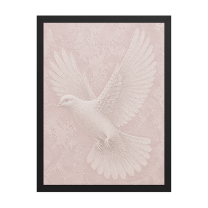 Framed peace dove print with embossed relief-look design on blush pink textured background