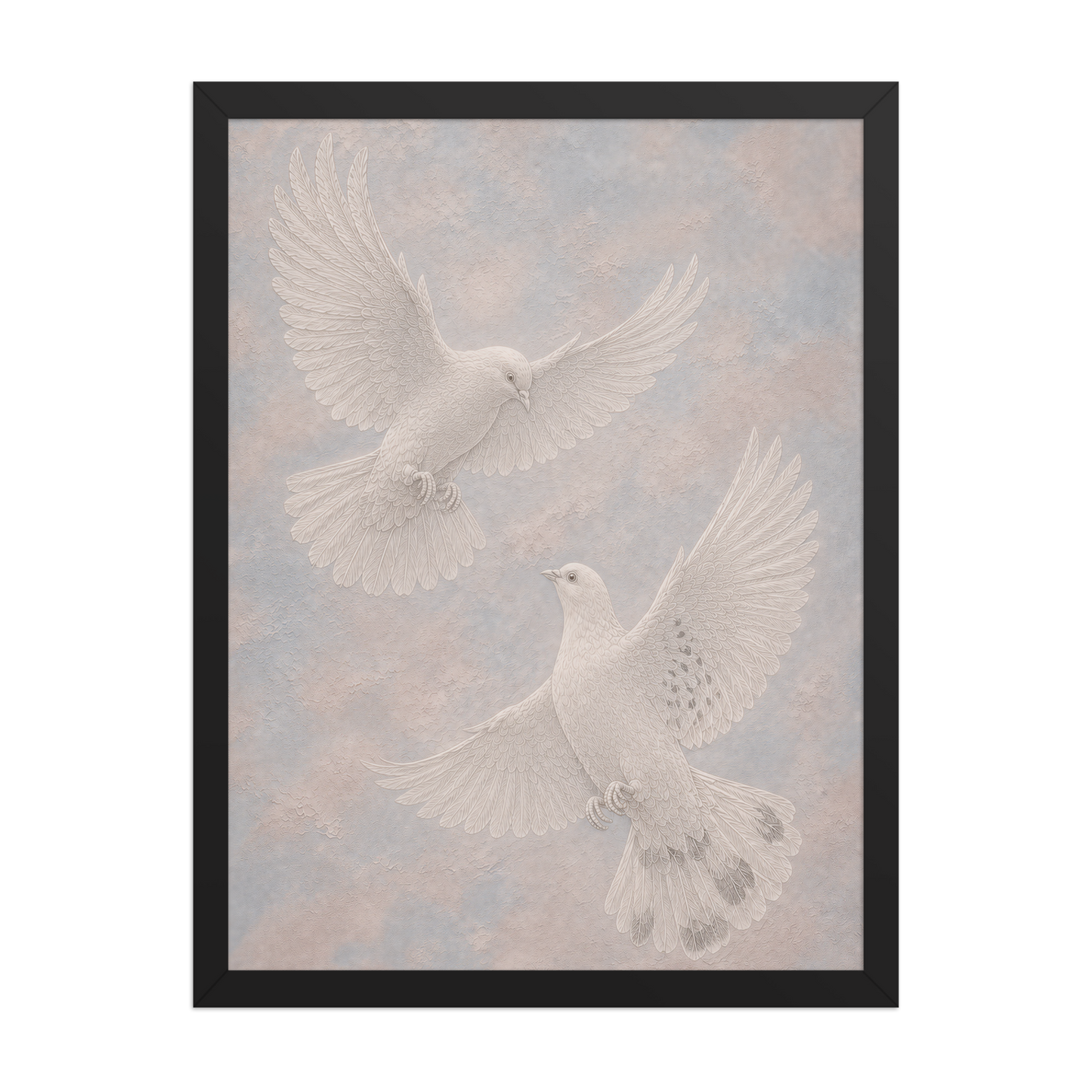 Framed two peace doves print with embossed relief-look design on dusty blue and blush textured background