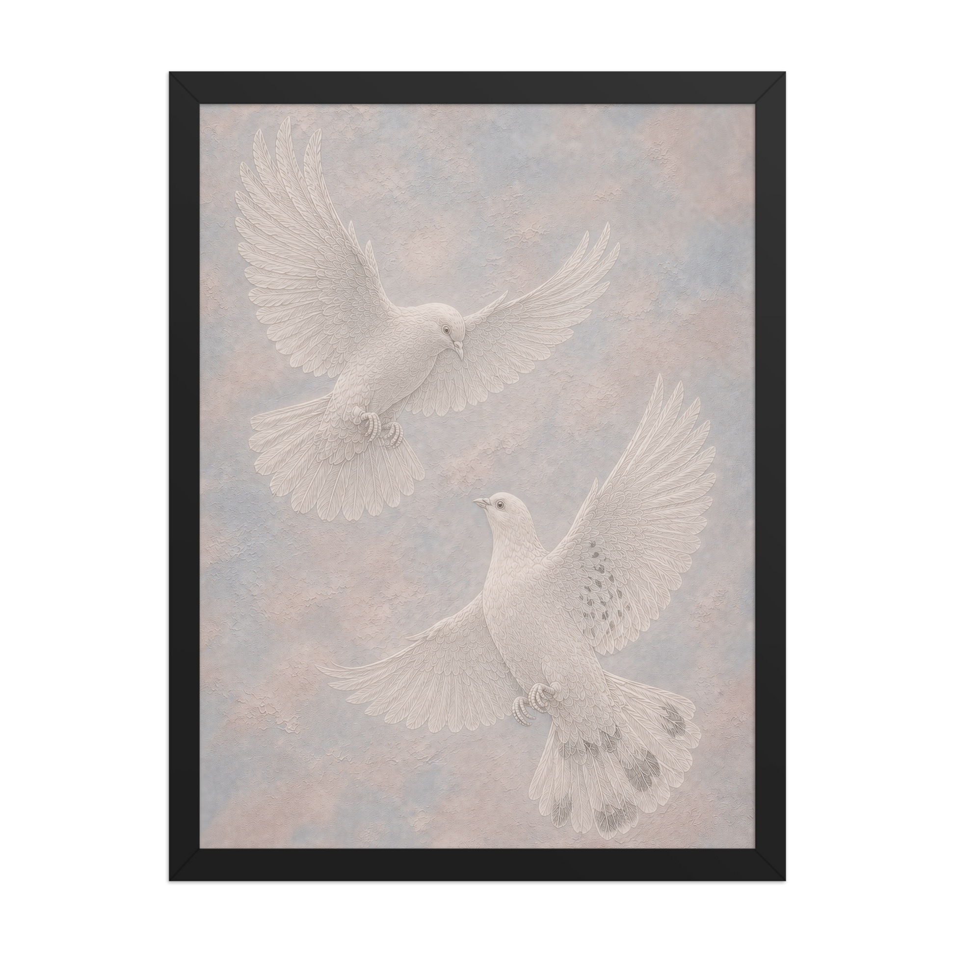 Framed two peace doves print with embossed relief-look design on dusty blue and blush textured background
