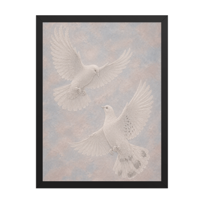 Framed two peace doves print with embossed relief-look design on dusty blue and blush textured background
