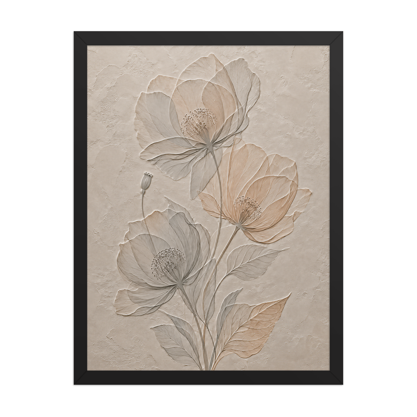 Framed wildflower bouquet print with embossed relief-look design on neutral beige textured background