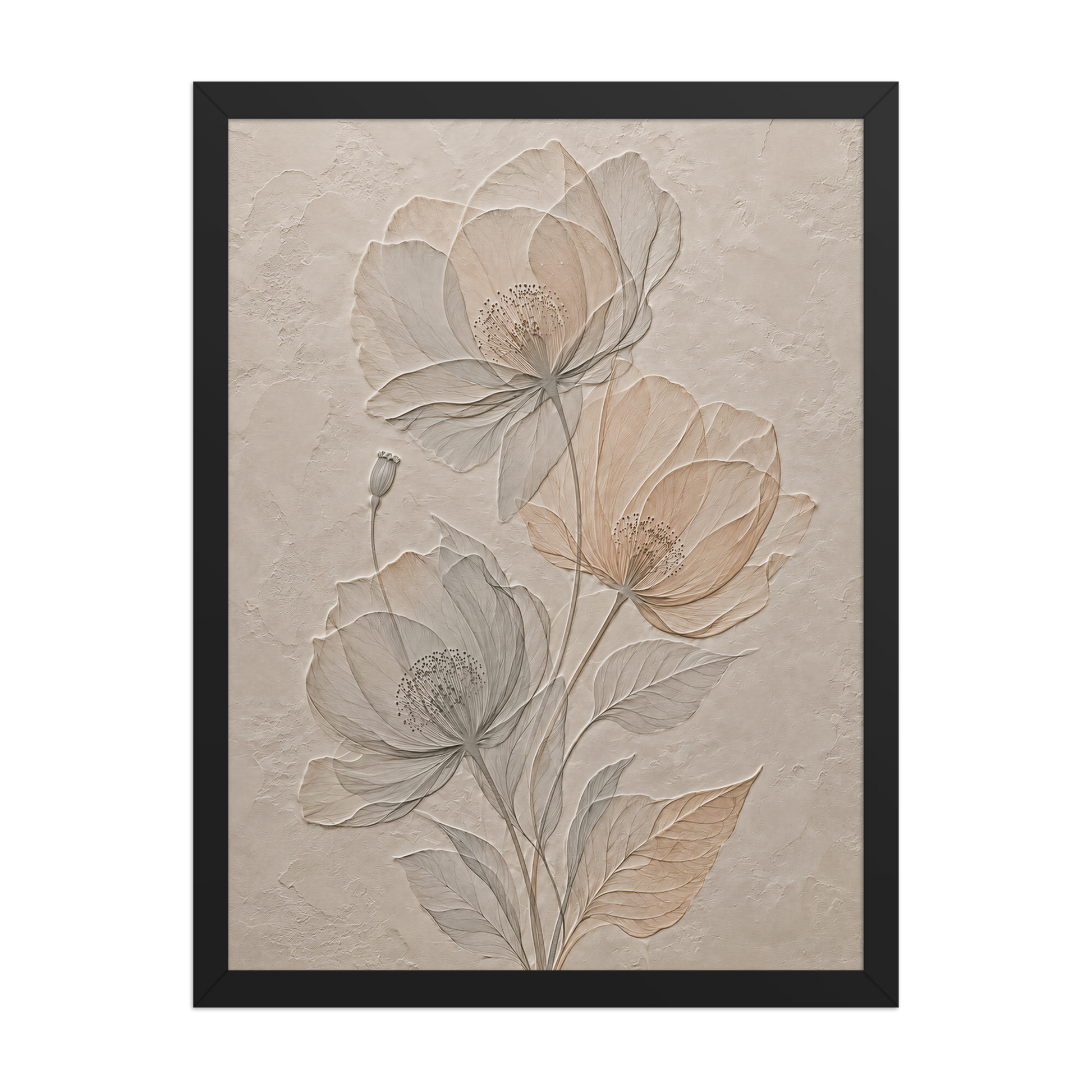 Framed wildflower bouquet print with embossed relief-look design on neutral beige textured background