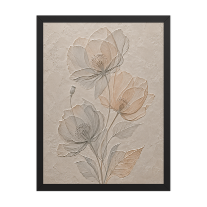 Framed wildflower bouquet print with embossed relief-look design on neutral beige textured background