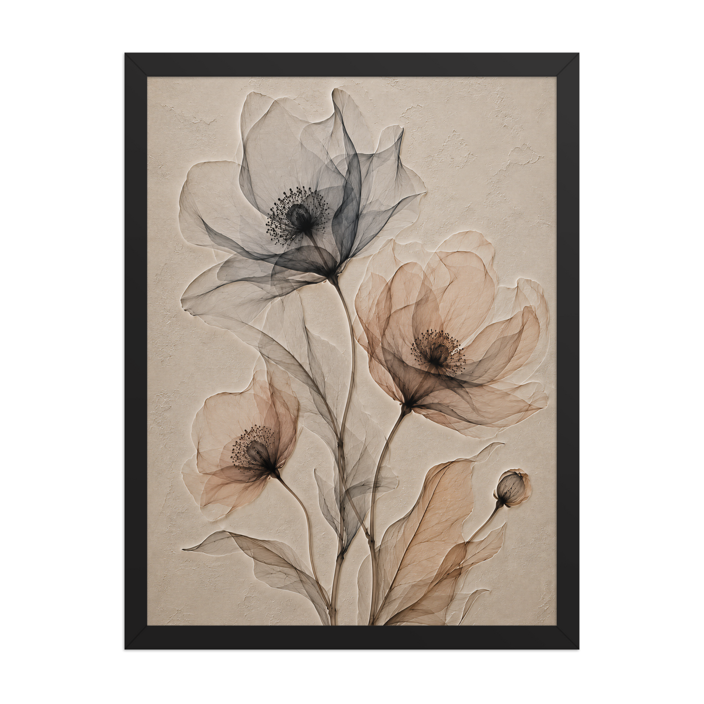 Framed wildflower trio print with embossed relief-look design in charcoal and clay tones on beige textured background
