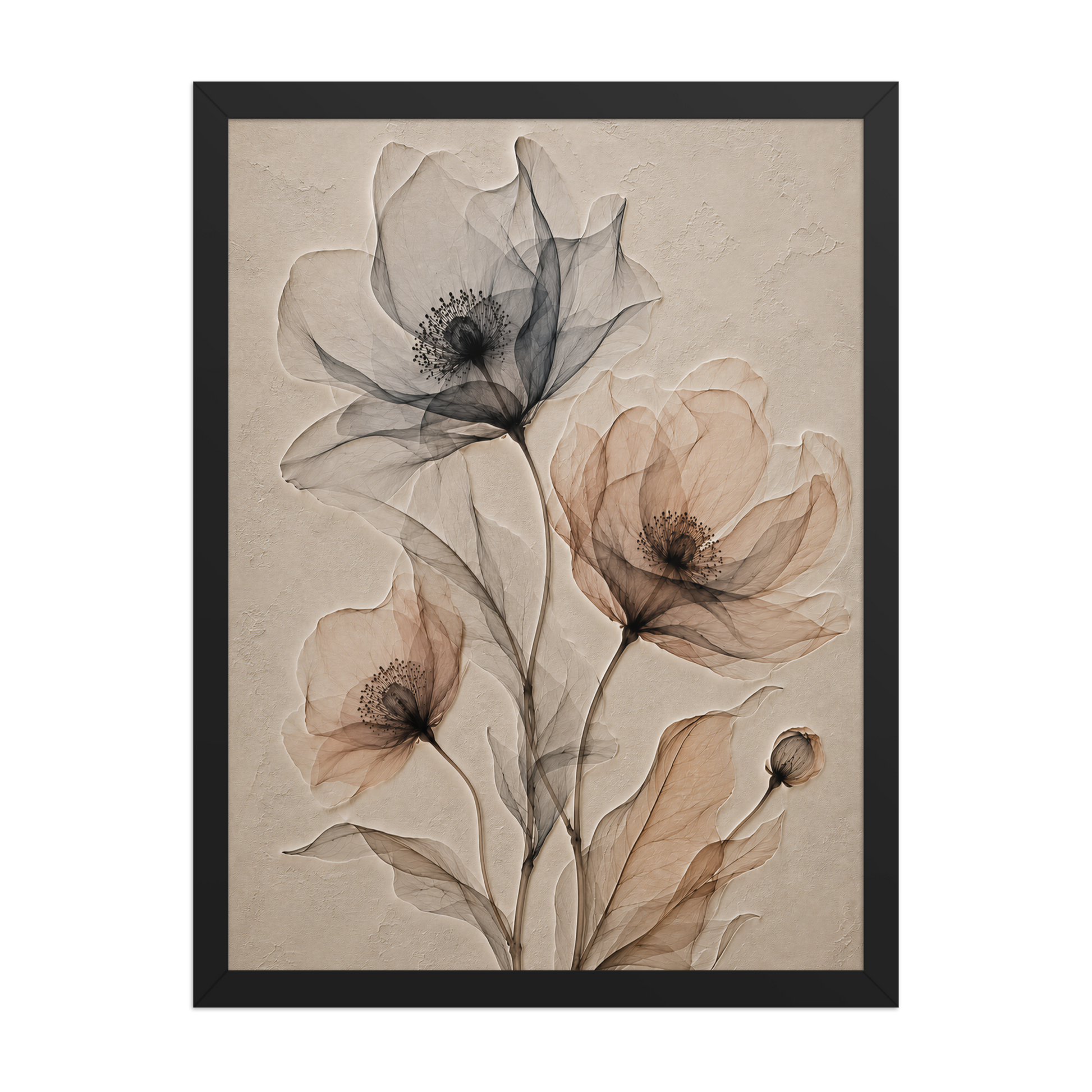 Framed wildflower trio print with embossed relief-look design in charcoal and clay tones on beige textured background