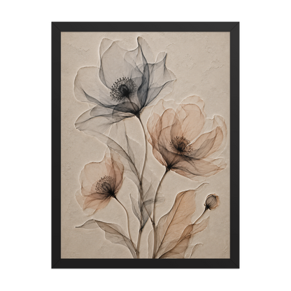 Framed wildflower trio print with embossed relief-look design in charcoal and clay tones on beige textured background