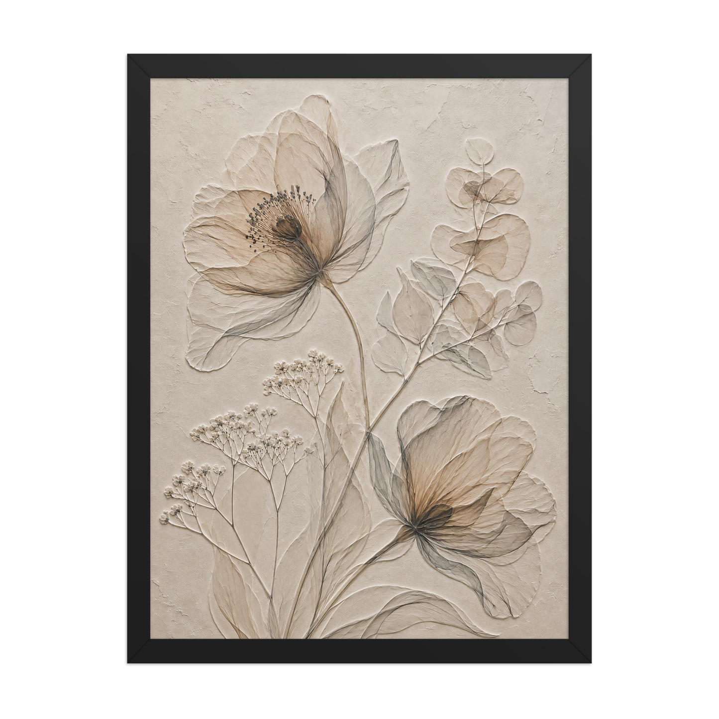Framed botanical study print with embossed relief-look design in warm sepia tones on beige textured background