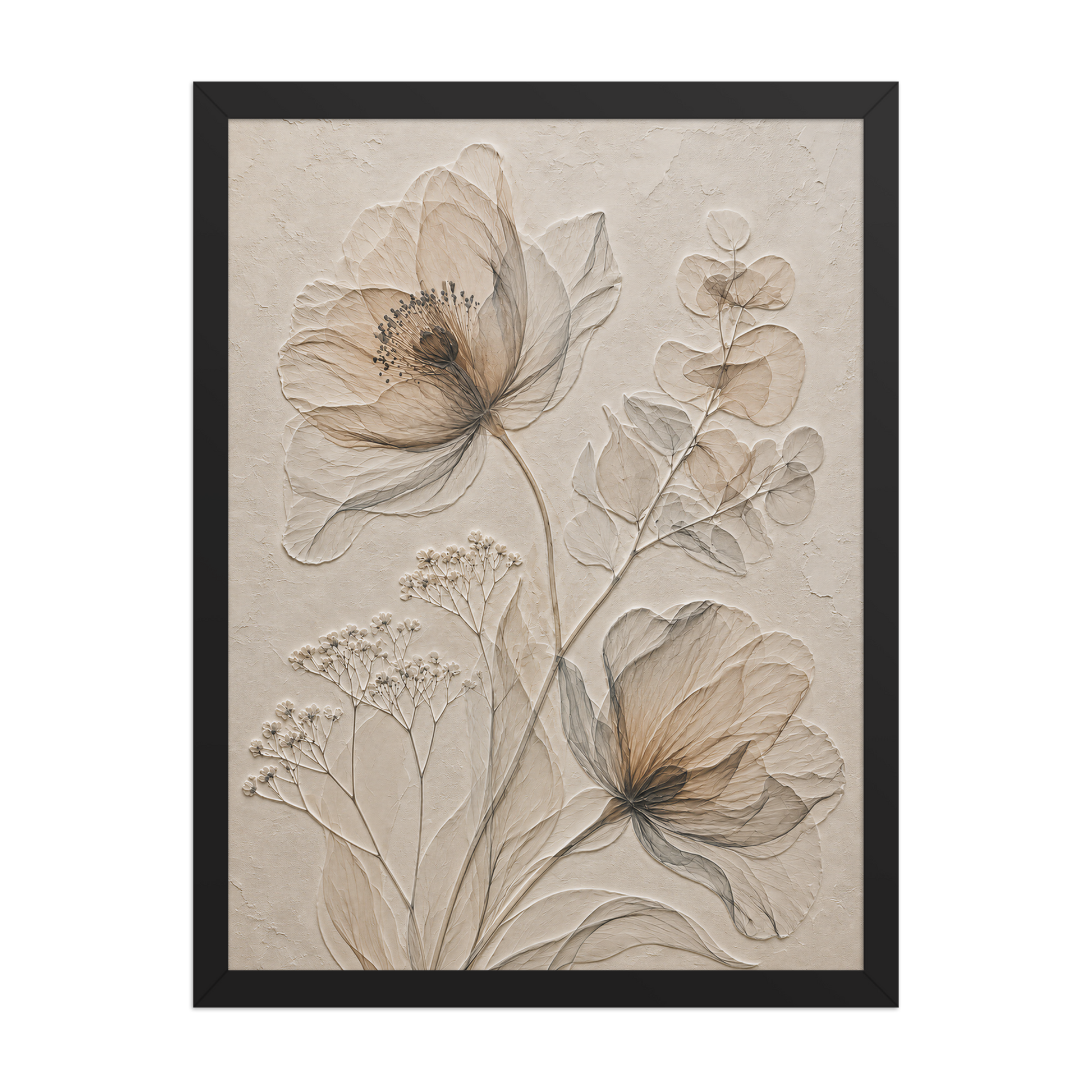 Framed botanical study print with embossed relief-look design in warm sepia tones on beige textured background