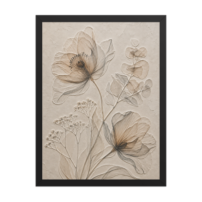 Framed botanical study print with embossed relief-look design in warm sepia tones on beige textured background