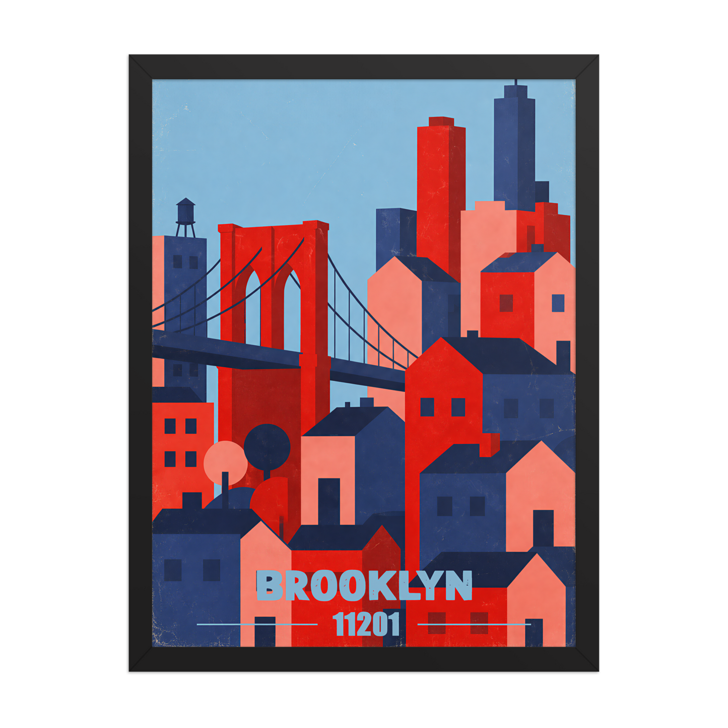 Framed Brooklyn Bridge retro travel poster, 11201 zip code wall art