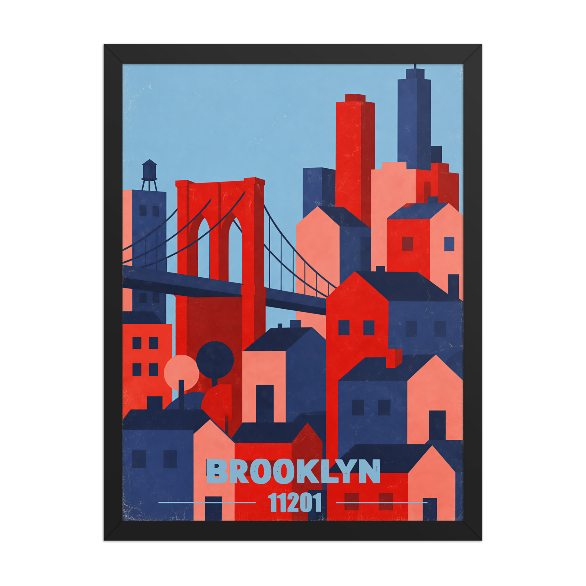 Framed Brooklyn Bridge retro travel poster, 11201 zip code wall art
