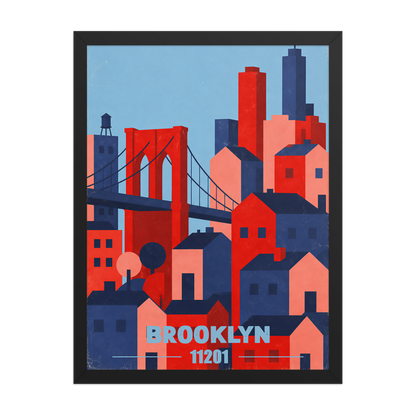 Framed Brooklyn Bridge retro travel poster, 11201 zip code wall art
