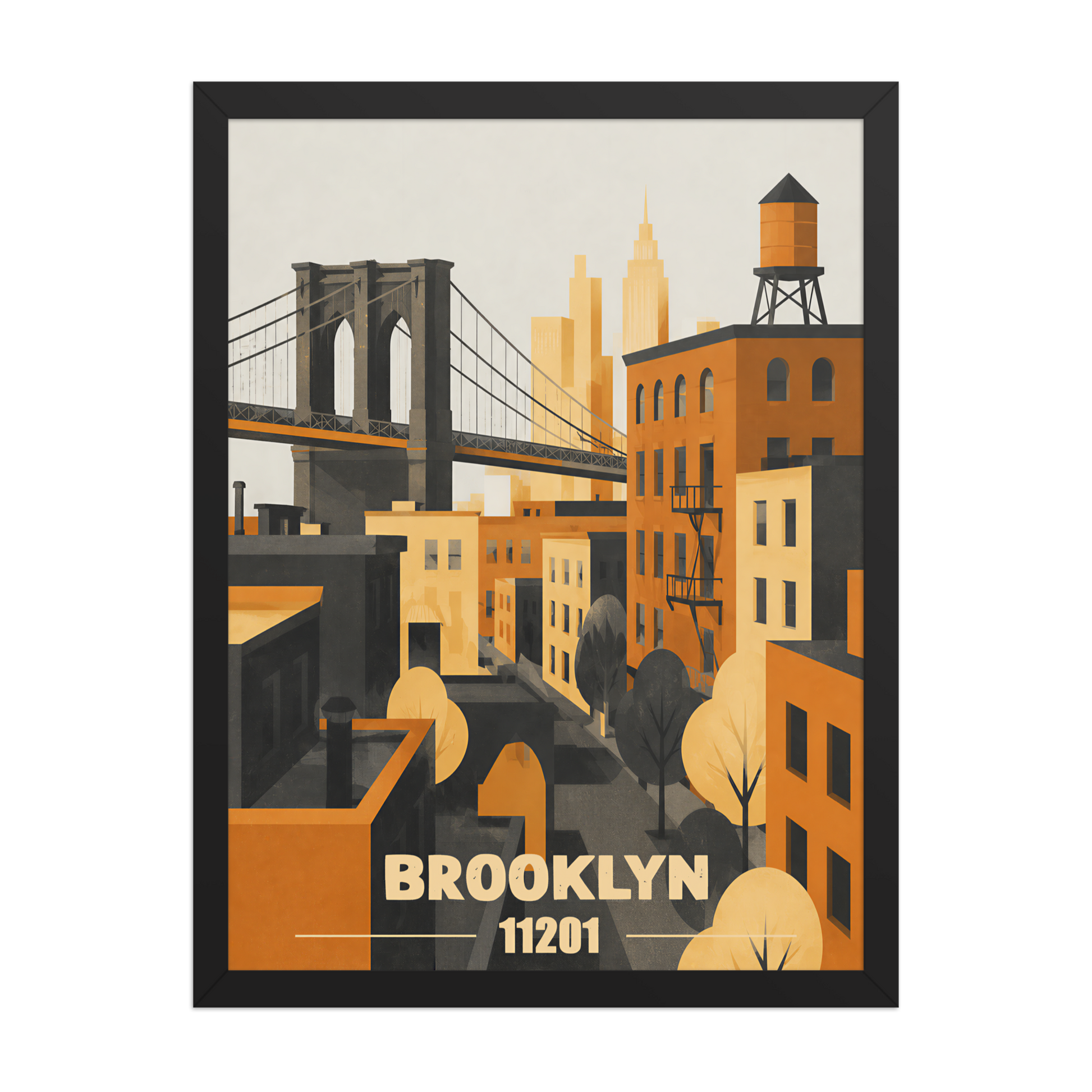 Framed Brooklyn fire escape retro travel poster, 11201 zip code wall art
