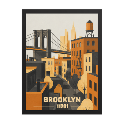 Framed Brooklyn fire escape retro travel poster, 11201 zip code wall art