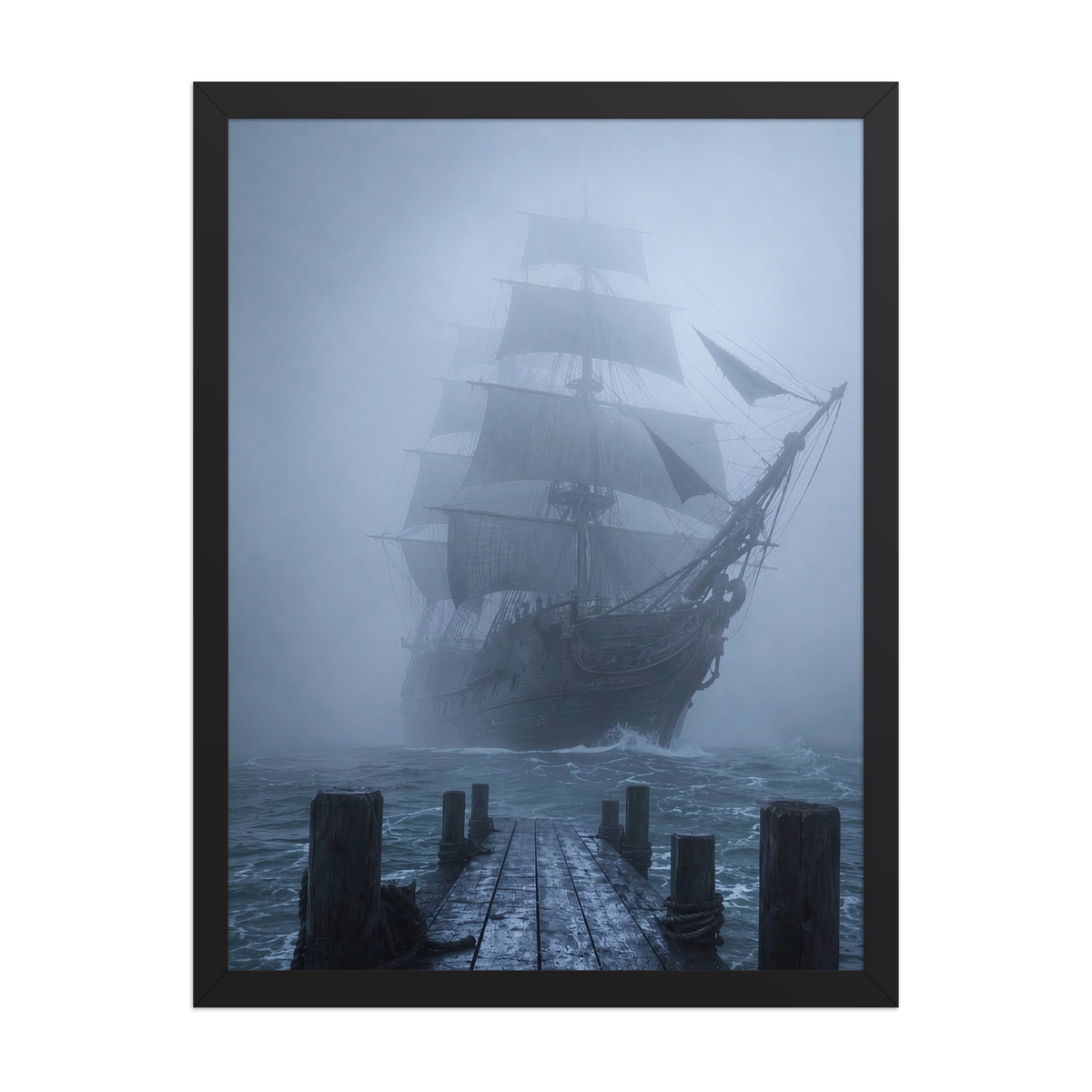 Ghost ship emerging from fog at dawn, dark moody framed wall art print ready to hang, JMTR Jeometry Store