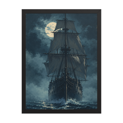 Tall ship sailing under full moon at night, vintage atmospheric nautical framed wall art print ready to hang, JMTR Jeometry Store