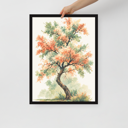 Watercolor painting of a blossoming tree with coral and sage green leaves, twisting trunk in a quiet meadow, framed wall art print ready to hang, JMTR Jeometry Store