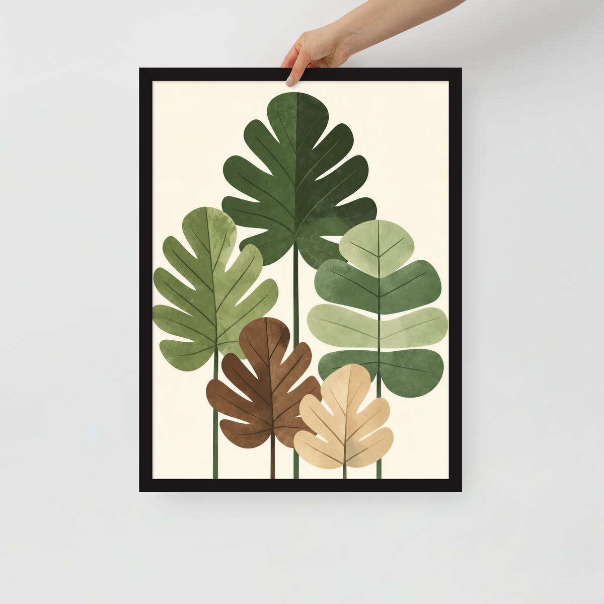 Illustrated fig leaves in shades of green, brown and gold with textured paper-like finish, framed wall art print ready to hang, JMTR Jeometry Store
