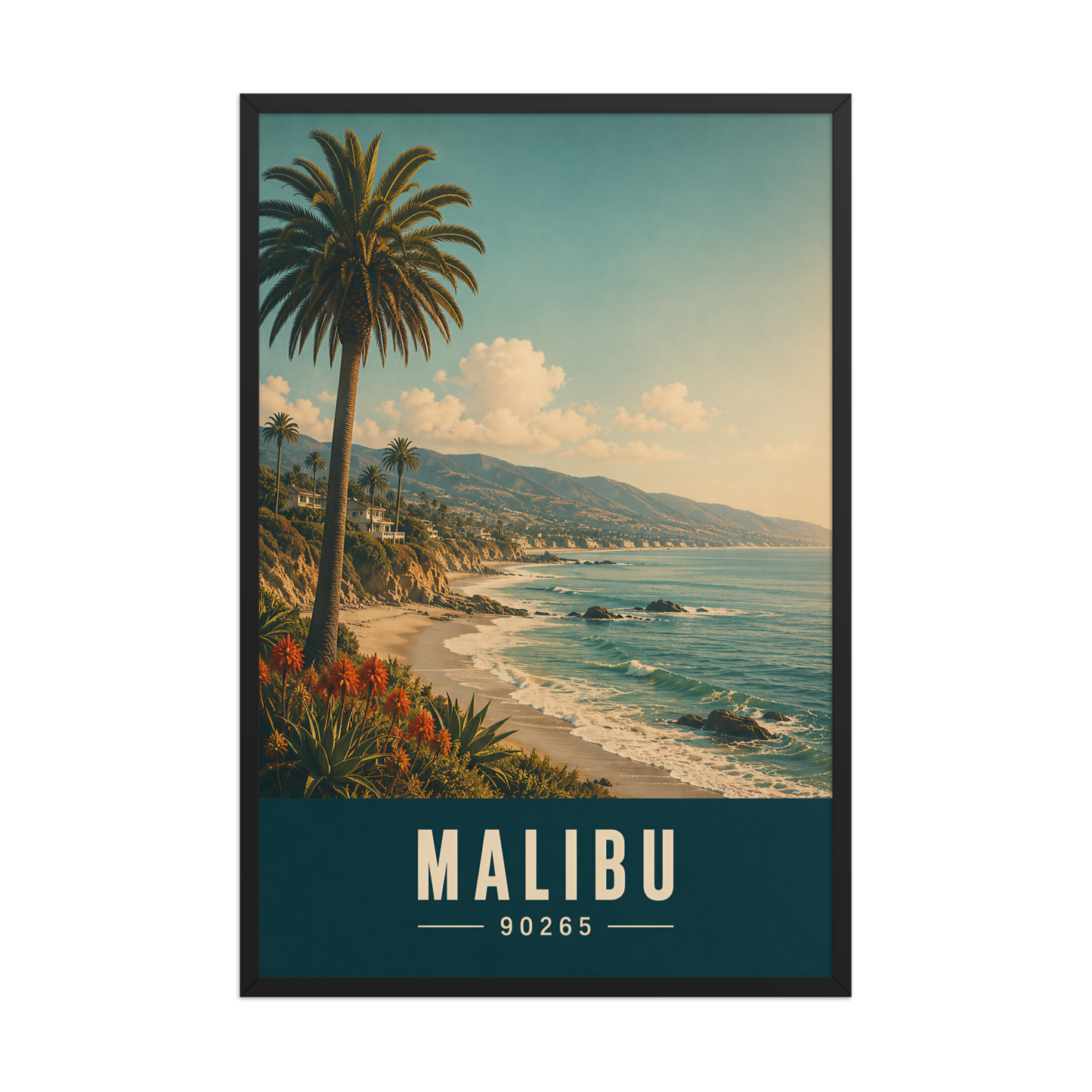 Framed Malibu California retro travel poster with 90265 zip code, coastal beach wall art